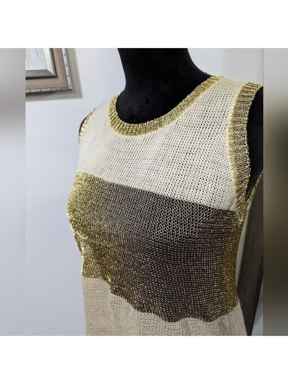 36Point5 Cream and Shimmer Gold Striped Tunic Tank Top M